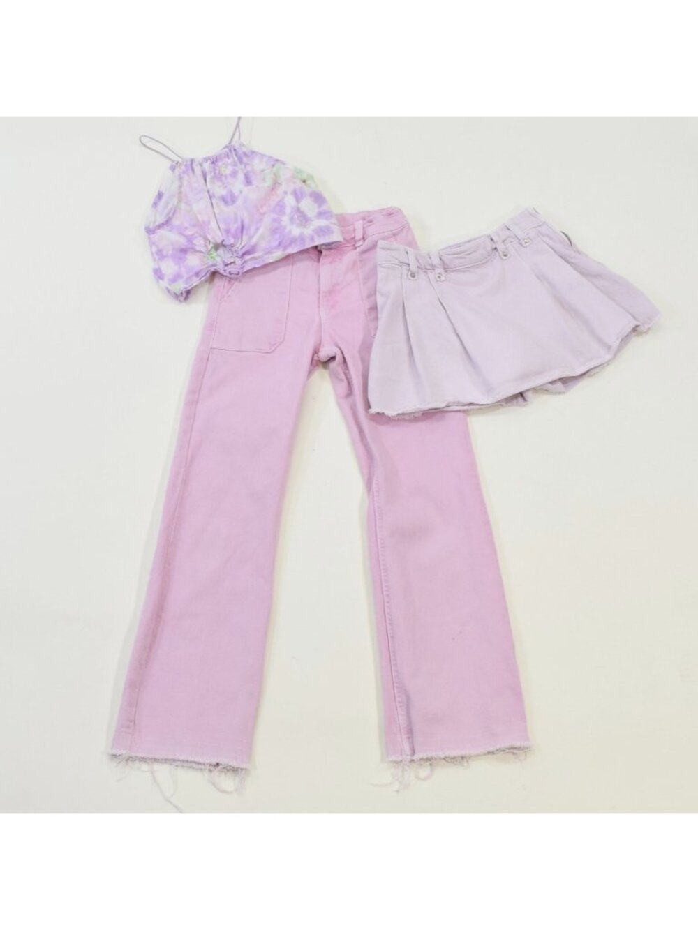 Zara Girls Three-Piece Bundle Set 8-9 Light Purple Denim Skirt, Jeans, Crop Top